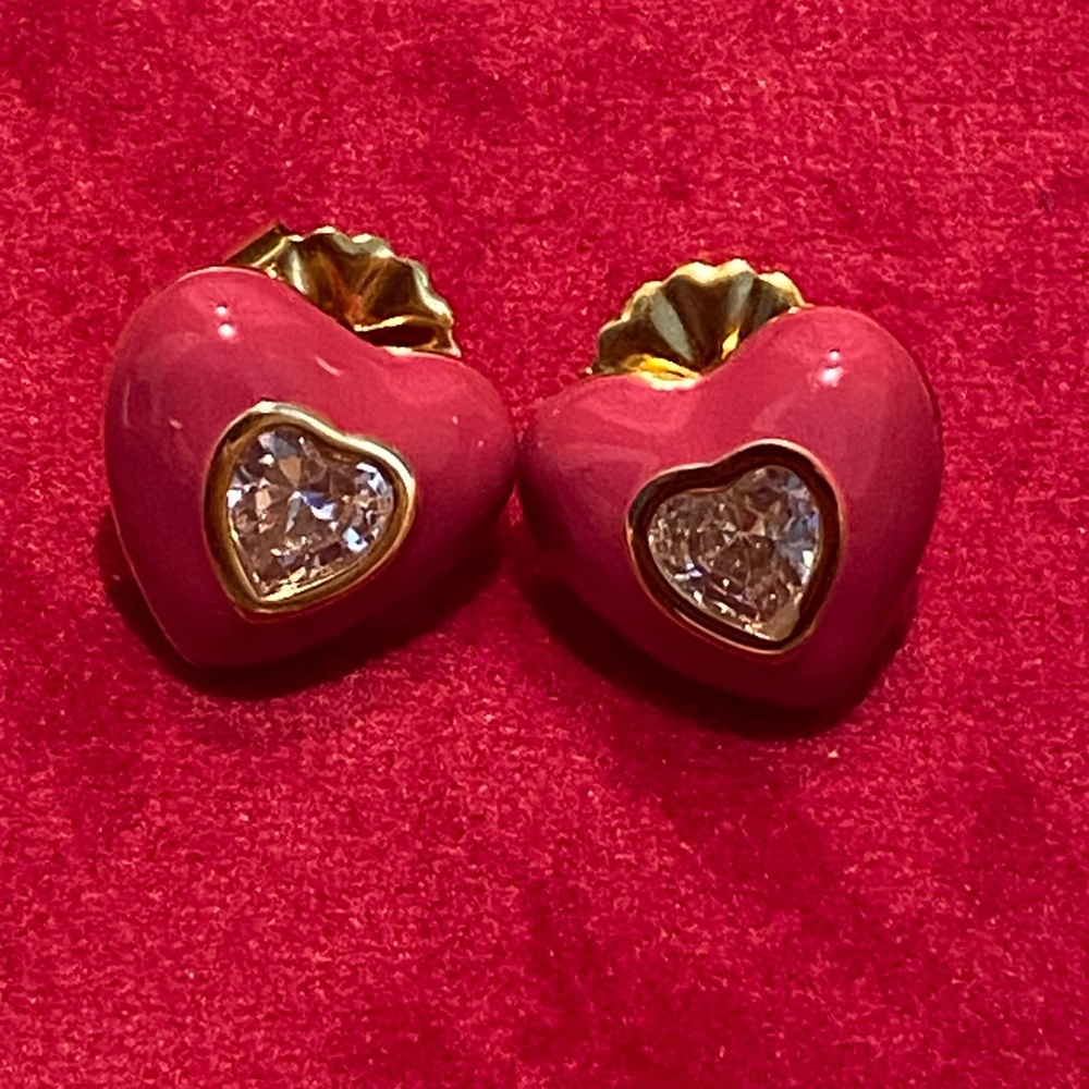 18k Gold Plated Pink Enamel & CZ Heart Studs